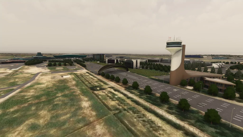 La tour de contrôle de l'aéroport international de Heydar Aliev d'AC et la chaussée de l'aéroport.