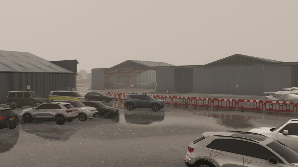 L'aéroport Welshpool de Burning Blue Design pour MSFS 2020 et MSFS 2024, en vue SIM sur le tablier un jour de pluie.