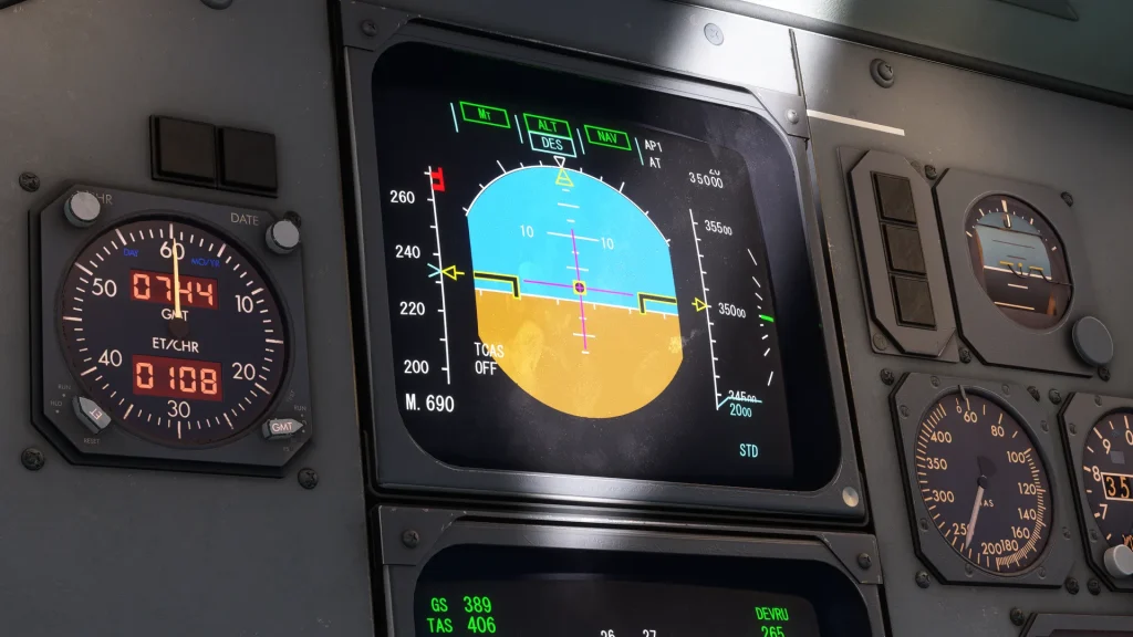 En vue SIM de Just Flight Fokker F100 / EFIS Primary Flight Display (PFD) avec les directeurs de vol allumés