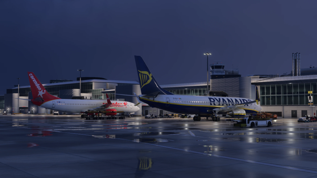 L'éclairage nocturne dans MSFS 2024 éclaire le sol et les flaques de pluie.