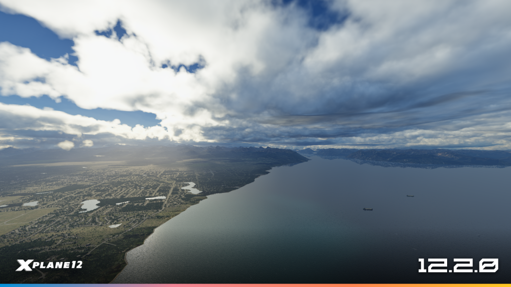 Vue grand angle montrant les couches nuageuses et le terrain rendus avec la mise à jour graphique 12.2.0.