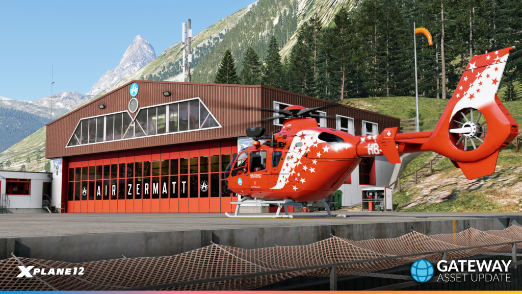 Hangar pour hélicoptères d'Air Zermatt et décors créés à l'aide de nouveaux atouts de passerelle.