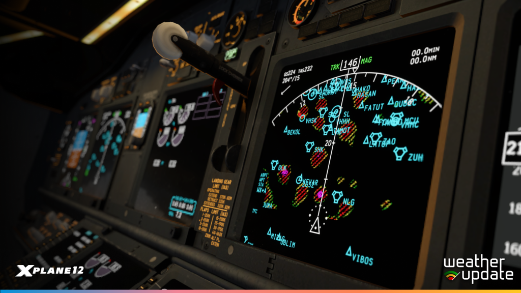 Cockpit du Boeing 737NG avec retours de radar météorologique actif basés sur un balayage volumétrique des nuages.