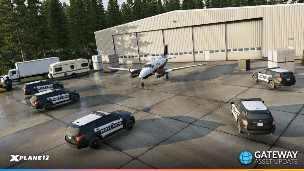 Environnement de rampe d'aéroport avec des objets de passerelle mis à jour, notamment des véhicules et des équipements.