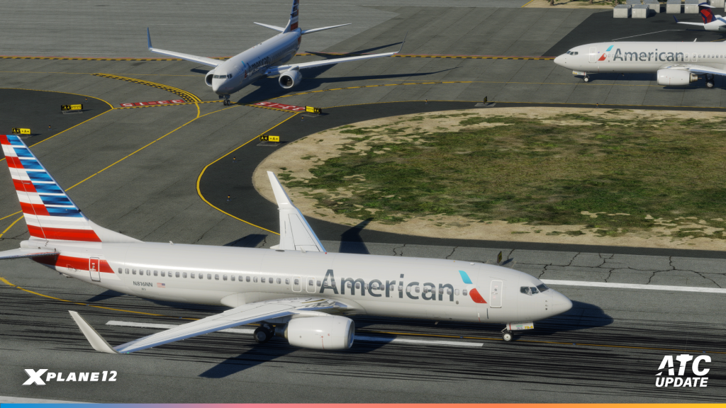 Les avions d'American Airlines se préparent au décollage selon le séquençage ATC mis à jour dans X-Plane 12
