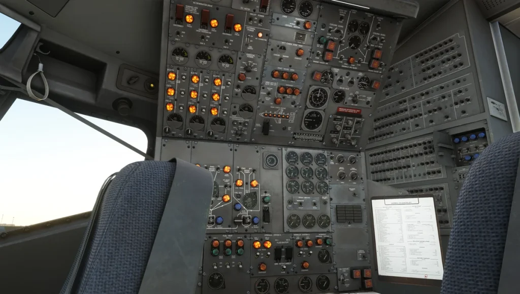 Panneau du mécanicien navigant du Boeing 727 avec jauges analogiques, commandes du système et indicateurs lumineux