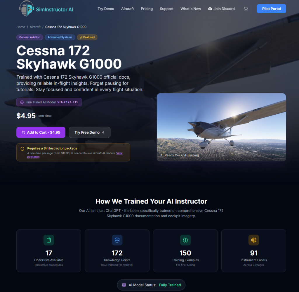 Page de tarification du module SimInstructor Cessna 172 Skyhawk G1000