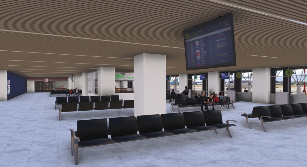 Intérieur du terminal de l'aéroport de La Canée recréé par 29Palms dans Microsoft Flight Simulator 2024
