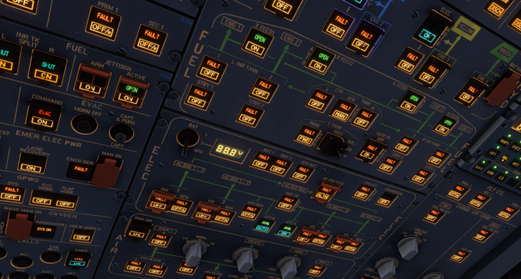 Systèmes de panneaux supérieurs de l'Airbus A340 simulés par iniBuilds dans MSFS 2024