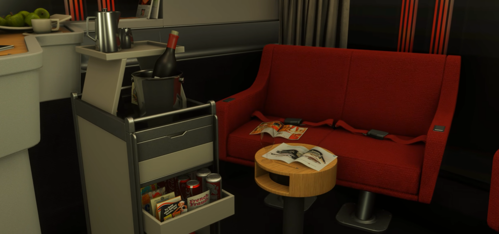 Intérieur du salon et du coin salon TriStar L1011 dans MSFS 2024 iniBuilds