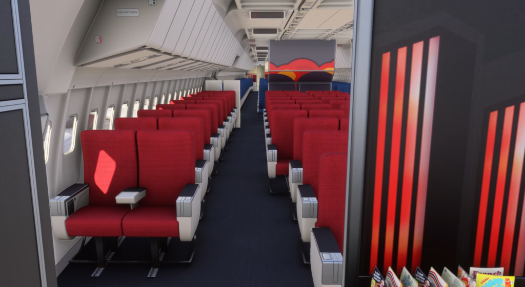 Intérieur de la cabine passagers du TriStar L1011 dans Microsoft Flight Simulator 2024 par iniBuilds