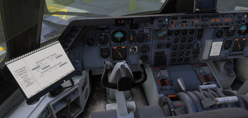 Menu électronique du sac de vol dans le cockpit d'iniBuilds L-1011 affichant les paramètres de l'avion et les options de navigation dans Microsoft Flight Simulator 2024