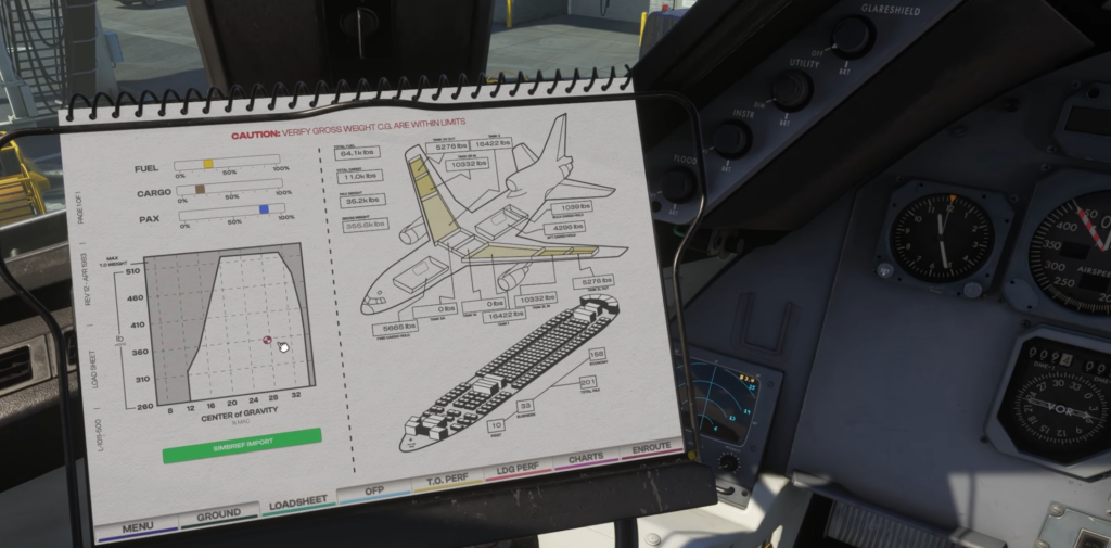 Presse-papiers numérique dans le cockpit iniBuilds L-1011 TriStar affichant la feuille de chargement de l'avion et le tableau du centre de gravité dans Microsoft Flight Simulator 2024.