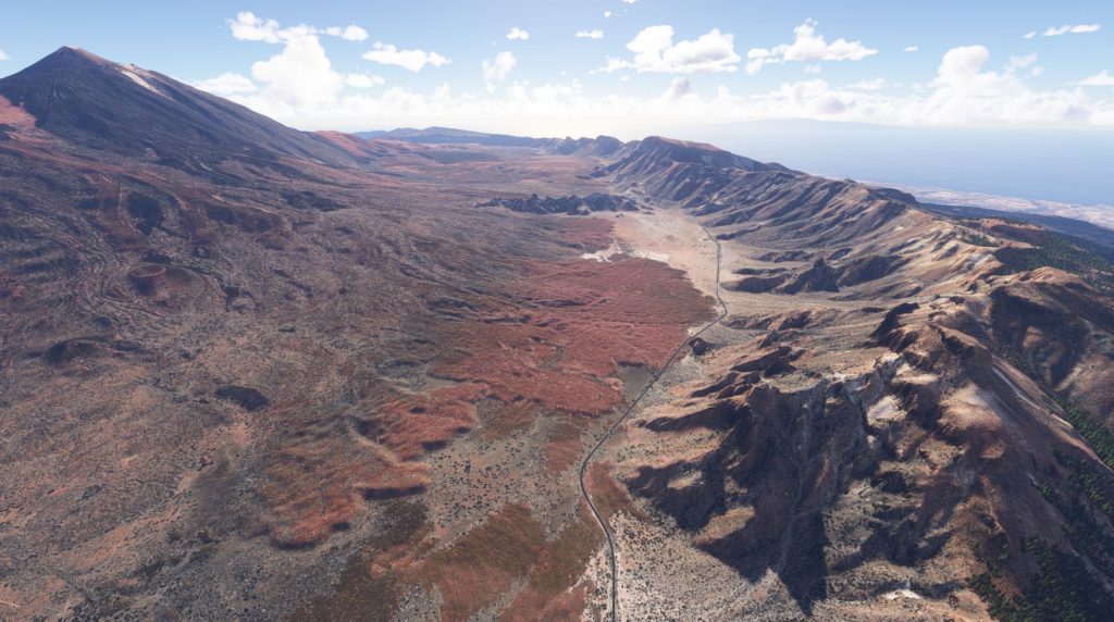 Paysage volcanique du Teide Tenerife MSFS 2024, module complémentaire terrain réaliste et vue sur la montagne
