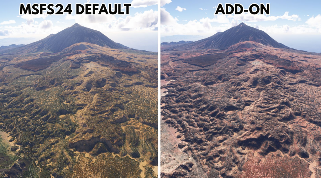 Tenerife MSFS 2024 comparaison par défaut et module complémentaire Island Creations détails du terrain améliorés