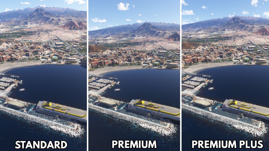 Paysage de Tenerife MSFS 2024 Comparaison des textures Standard vs Premium vs Premium Plus Island Creations