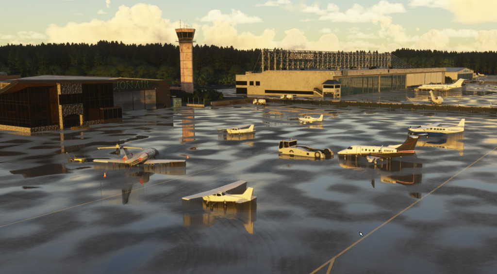 KHPN Westchester County Airport MSFS 2024 V Aperçu du développement des conceptions pilotes montrant l'aire de trafic, la tour de contrôle et la zone d'aviation générale