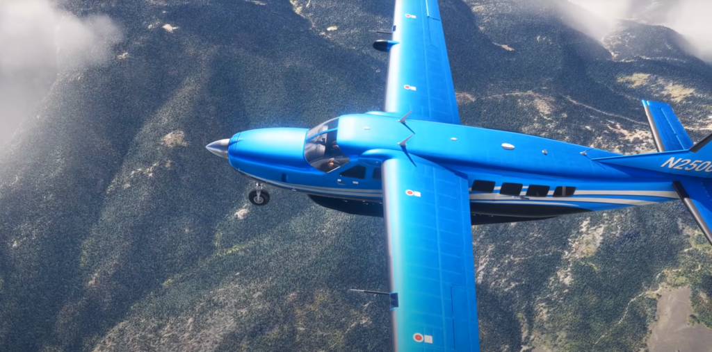 Vue de dessus de l'avion MSFS Black Square Caravan en vol montrant des ailes et des textures détaillées