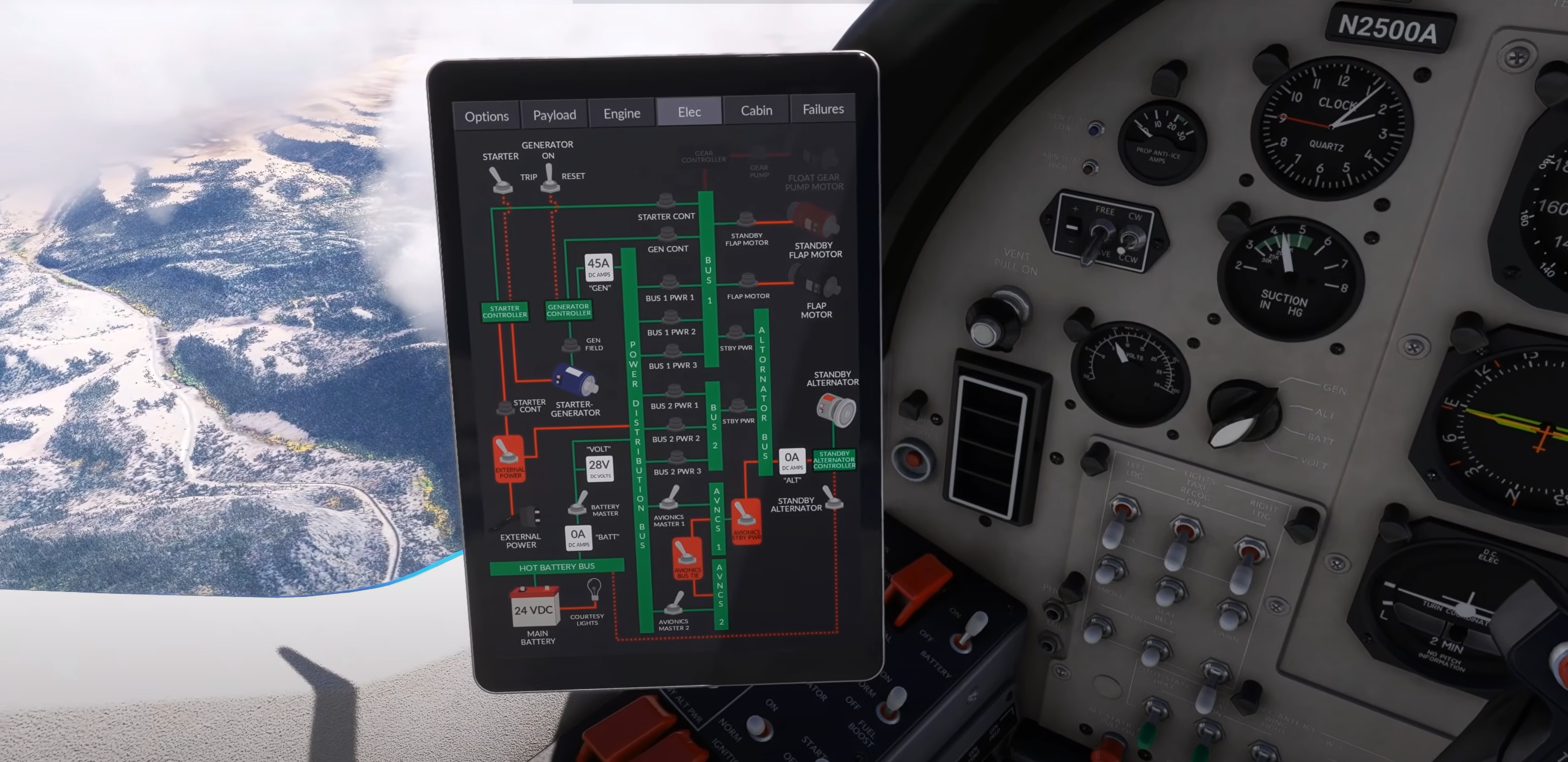 Interface de tablette MSFS Black Square Caravan affichant les systèmes de l'avion à l'intérieur du cockpit pendant le vol au-dessus d'un terrain enneigé