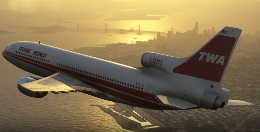 Lockheed L-1011 TriStar en vol au coucher du soleil dans l'aperçu iniBuilds de Microsoft Flight Simulator 2024