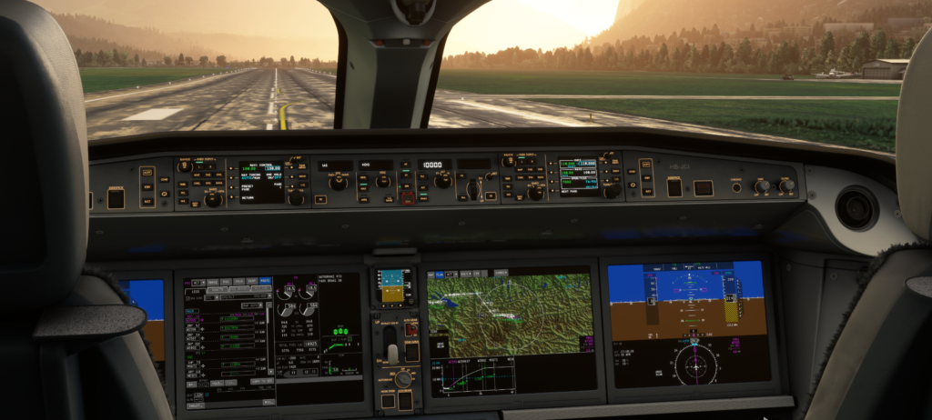 Cockpit Synaptic de l'Airbus A220 par iniBuilds montrant l'avionique avancée dans MSFS 2024