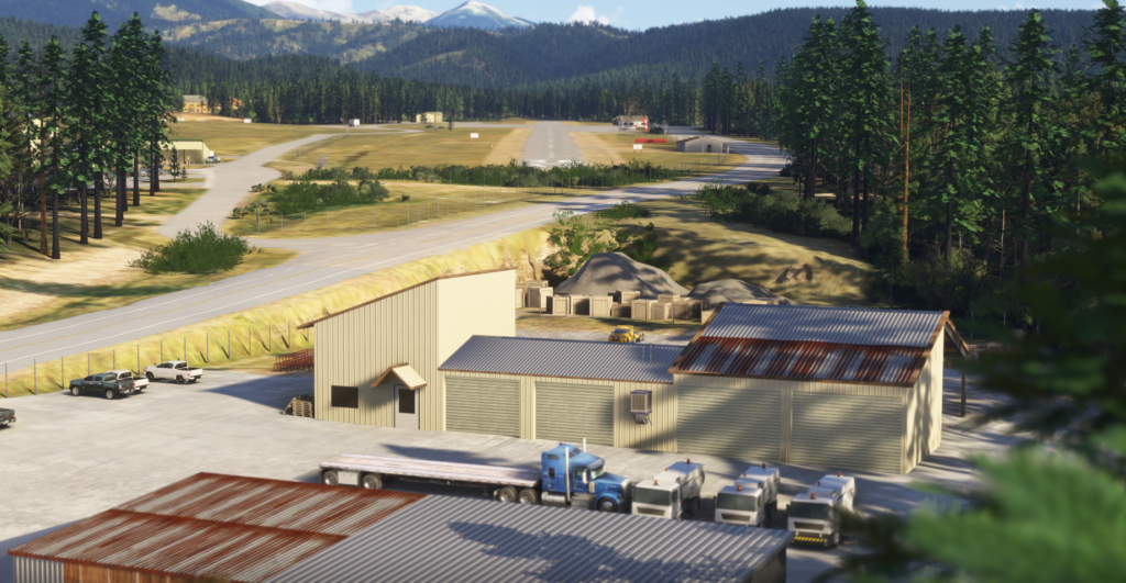 Piste et bâtiments O54 de l'aéroport de Weaverville Paysage MSFS 2024 des Alpes de la Trinité