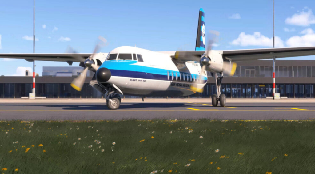 Fokker F27 Friendship dans Microsoft Flight Simulator 2024 stationné sur la piste en tant qu'avion Local Legend 23