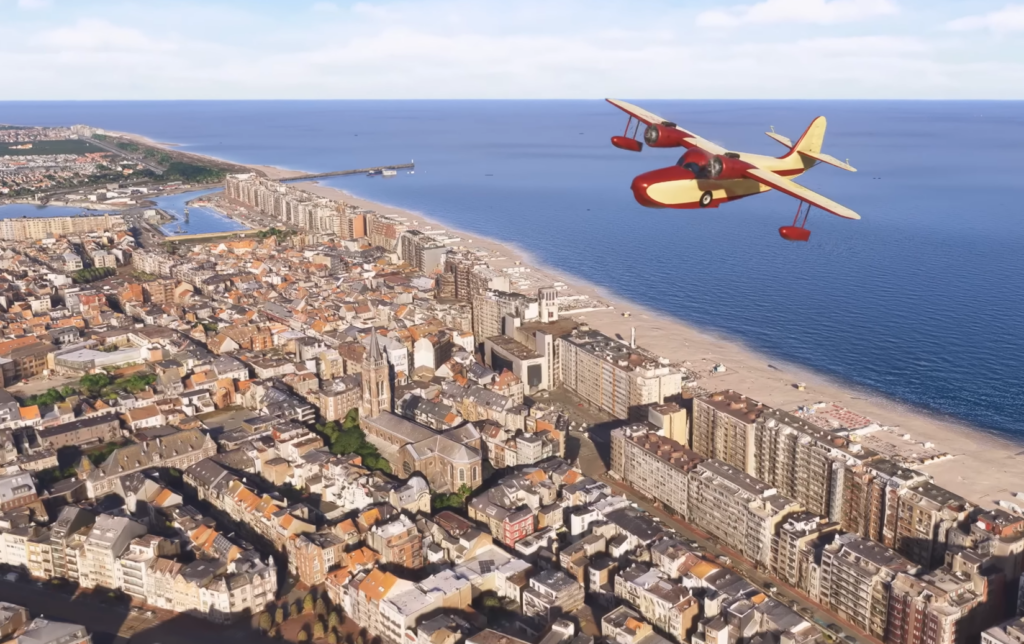 Hydravion MSFS 2024 survolant la côte belge avec des paysages détaillés de ville et de plage