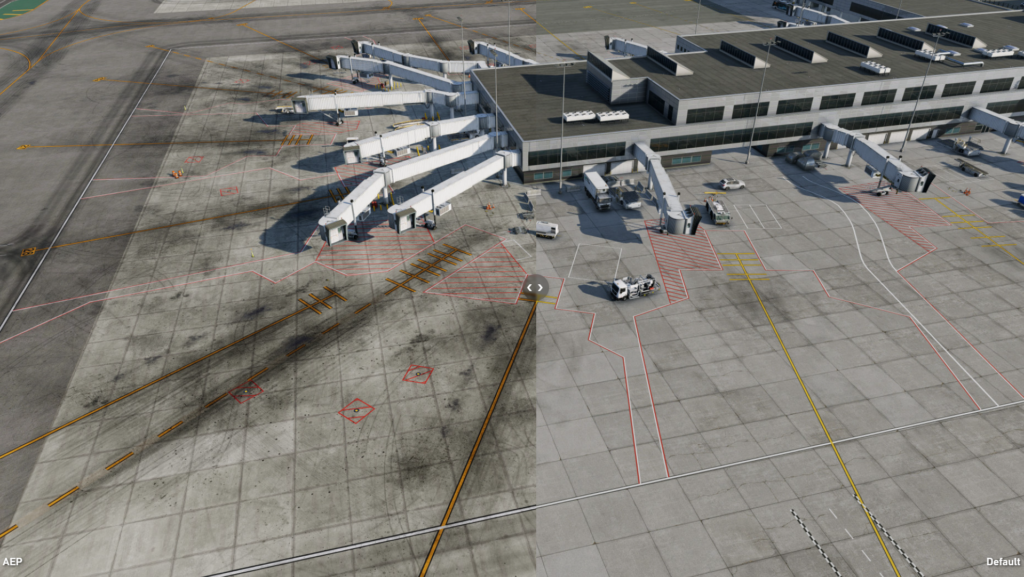 Aire de trafic de l'aéroport avec marquages améliorés et détails au sol dans le package d'amélioration de l'aéroport pour X-Plane 12