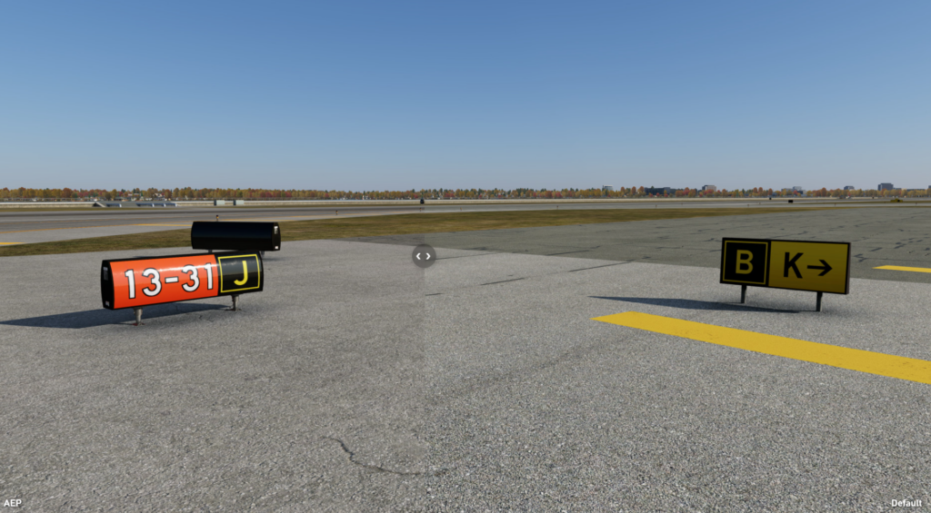 Panneaux de voie de circulation générés en temps réel par rapport à la signalisation par défaut dans le package d'amélioration de l'aéroport pour X-Plane