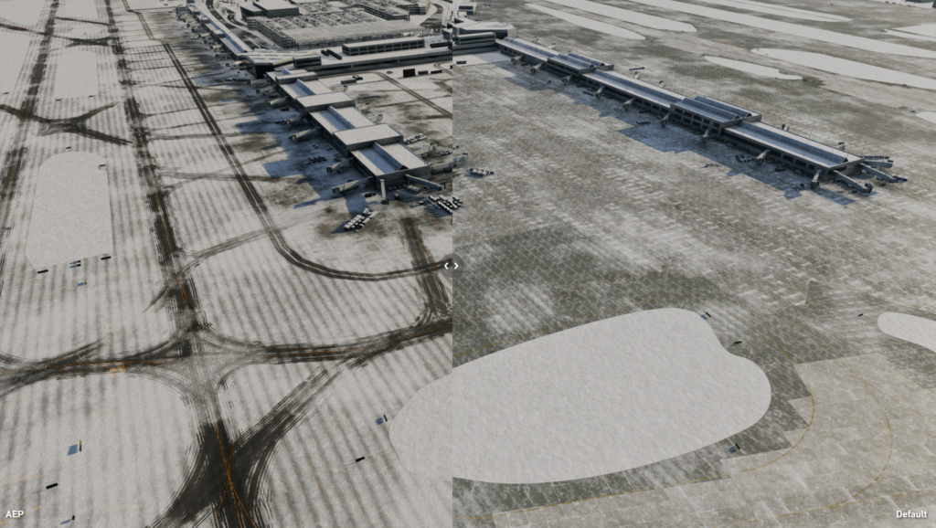 Comparaison du système de neige montrant une accumulation réaliste dans le package d'amélioration de l'aéroport pour X-Plane