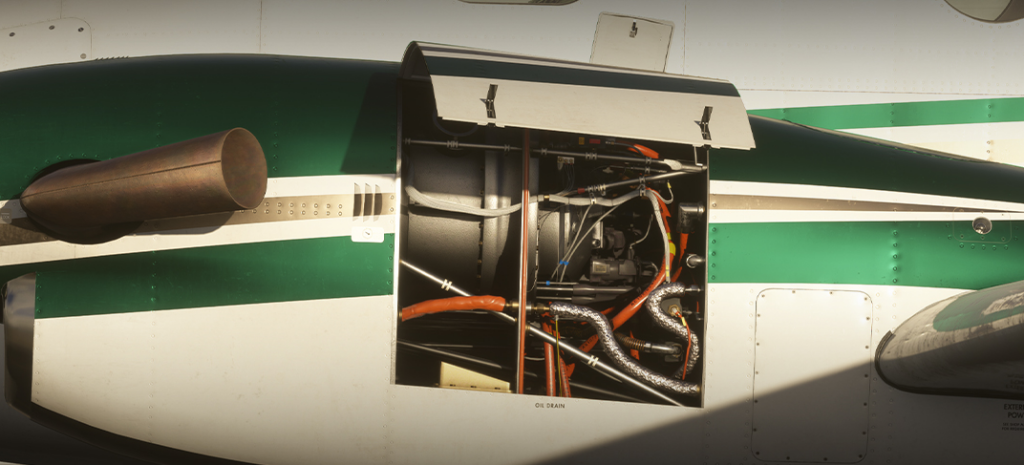 Panneau du moteur ouvert Carenado B200 montrant les détails des systèmes internes dans MSFS 2024