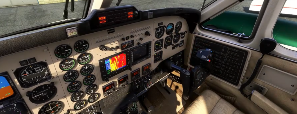 Cockpit du Carenado B200 avec instruments analogiques et suite avionique dans MSFS 2024