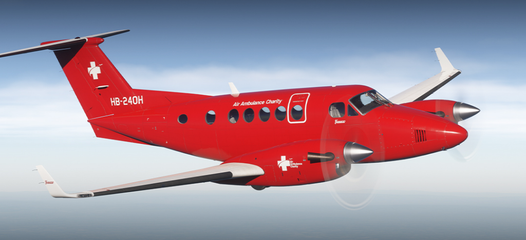 Livrée d'évacuation sanitaire du Carenado B200 en vol pour Microsoft Flight Simulator 2024