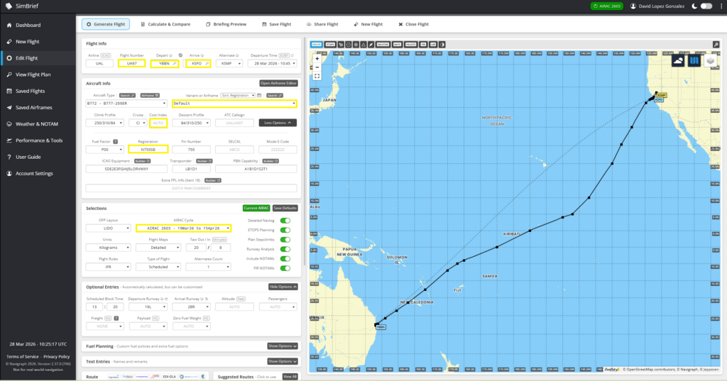 Plan de vol SimBrief généré à partir des données Flightradar24 montrant l'itinéraire de Brisbane à San Francisco