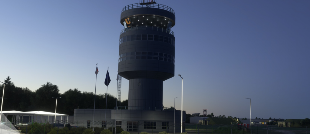 Tour de contrôle de l'aéroport de Szczecin Goleniów la nuit dans le décor MSFS 2020 par Drzewiecki Design