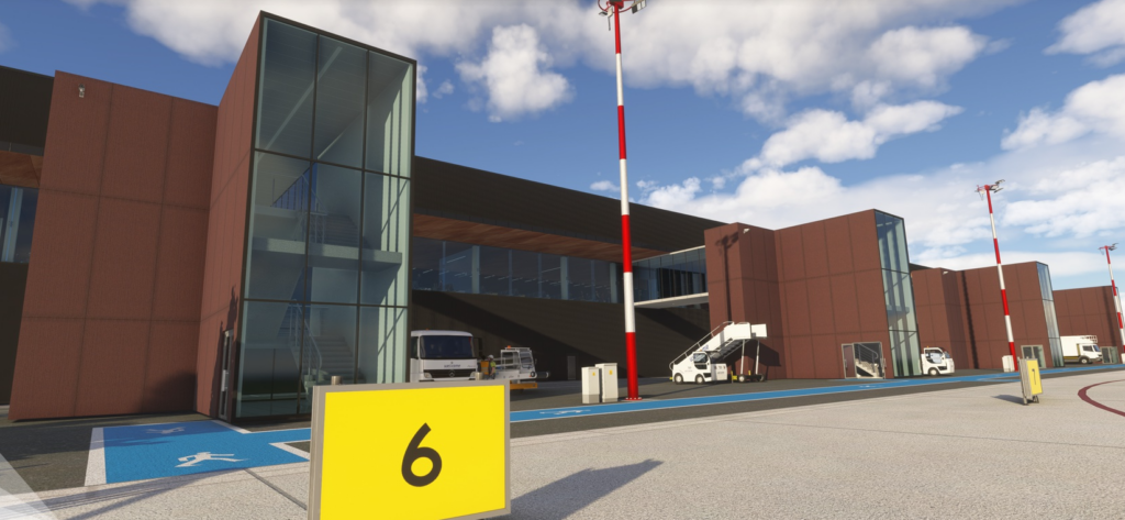 Gros plan des portes et des passerelles du terminal de l'aéroport EPSC de Szczecin dans le décor MSFS par Drzewiecki Design