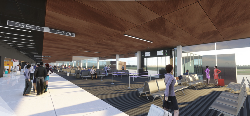 Intérieur du terminal EPSC de l'aéroport de Szczecin avec des passagers dans le décor de Microsoft Flight Simulator
