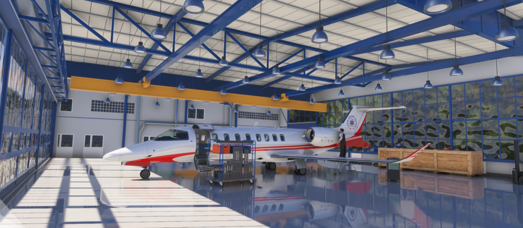 Intérieur du hangar de maintenance d'avions à l'aéroport de Szczecin Goleniów dans le décor MSFS 2024