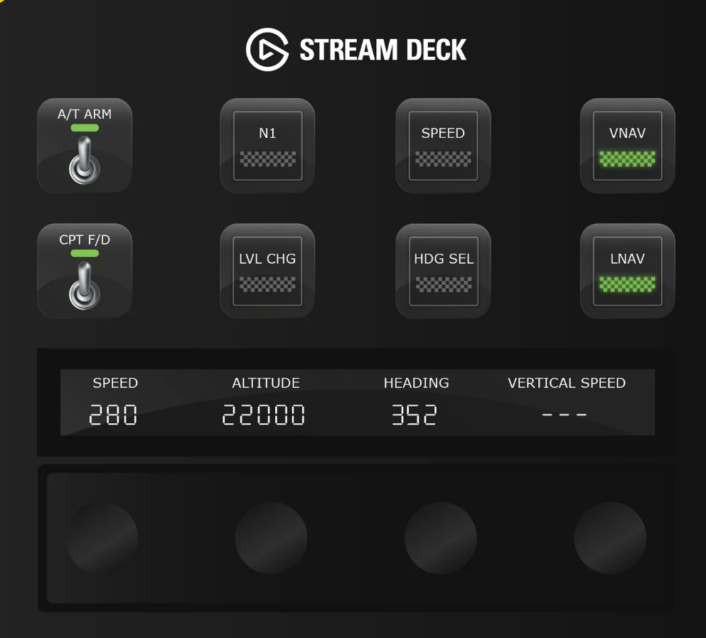 Interface de pilote automatique Flight Panels Stream Deck affichant des commandes personnalisées pour les profils d'avion X-Plane