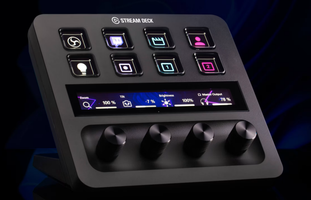 Contrôleur Elgato Stream Deck Plus avec boutons et molettes personnalisables pour l'interaction avec le cockpit du Flight Panels X-Plane 12