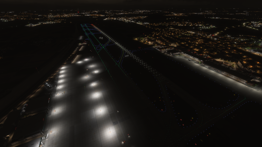 Éclairage de nuit EDDS de l'aéroport de Stuttgart, éclairage de piste de circulation, éclairage de paysage MSFS 2024, lumières réalistes, allemagne