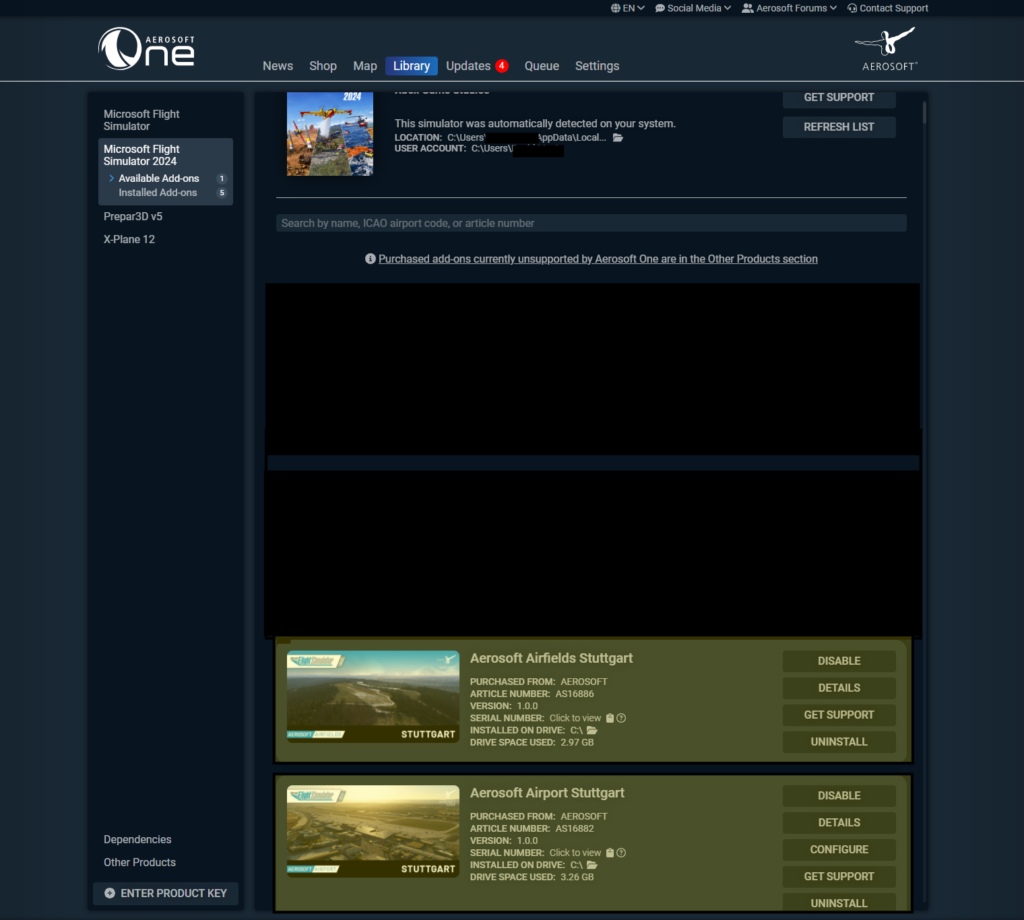 Lanceur Aerosoft One Installation de l'aéroport de Stuttgart Interface de gestion des modules complémentaires MSFS 2024