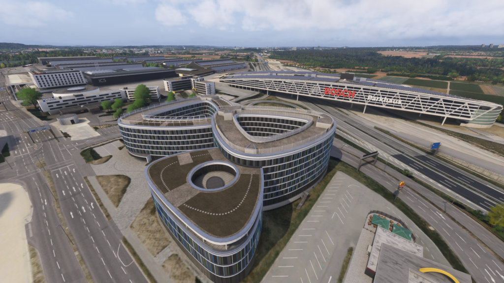 Aerosoft Aéroport de Stuttgart architecture moderne bâtiment Bosch extérieur MSFS 2024 paysage zone urbaine détaillée Allemagne