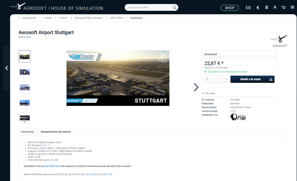 Page produit Aerosoft Aéroport de Stuttgart Prix MSFS 2024 Télécharger Aperçu de la scène Allemagne