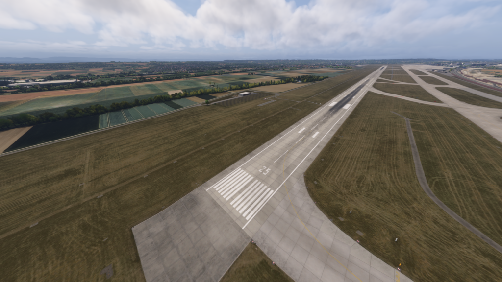Aerosoft Aéroport de Stuttgart piste 25 marquages de direction opposée Microsoft Flight Simulator 2024 paysage piste perspective Allemagne