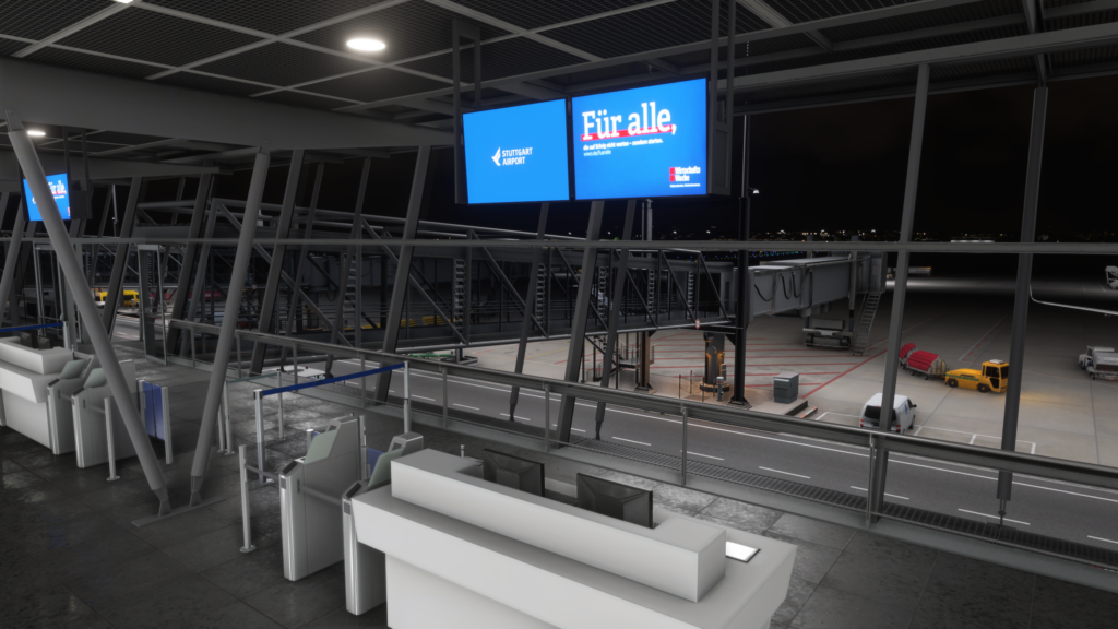Aerosoft Aéroport de Stuttgart éclairage intérieur du terminal de nuit tablier de passerelle MSFS 2024 paysage immersif