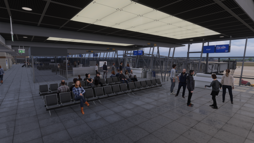 Aerosoft Stuttgart Airport salle d'embarquement sièges porte d'embarquement passagers MSFS 2024 détail intérieur du paysage