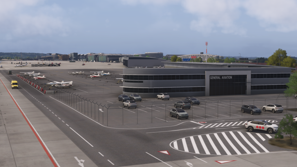 Terminal d'aviation générale de l'aéroport de Stuttgart, parking pour petits avions, paysage Microsoft Flight Simulator 2024, zone GA