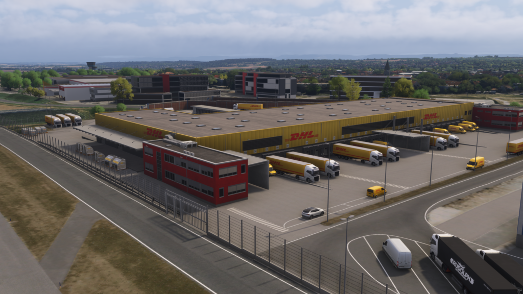 Aperçu de l'aire de chargement de l'aéroport de Stuttgart d'Aerosoft zone logistique Paysage Microsoft Flight Simulator 2024 zone moins détaillée